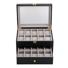 20 Grids Wooden Watch Display Box 2 Layers Jewelry Collection Storage Case Glass