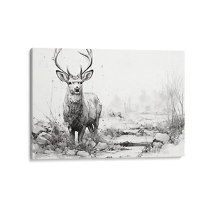 Black & White, Deer, Farmhouse Drawing Canvas 24x36 Canvas Wall Art Home Décor - Picture 1 of 7