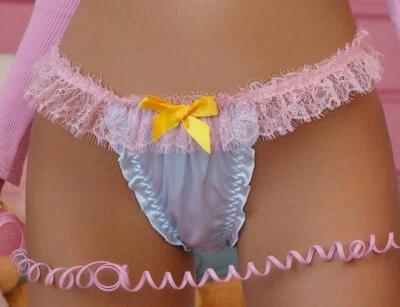 Bikini de cuerda con volantes azul bebé Sissy Lolita brillante satinado bragas 32-42" M Foto 1 de 4