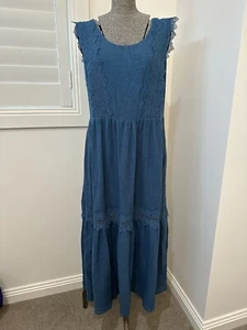 Catherine Murphy Cotton Linen Floral Lace Teal Dress M L 12 14 Cottage Prairie - Bild 1 von 11