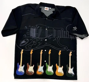 Authentic Hard Rock Shirt Mens Medium Black Guitars Print Short Sleeve Button-Up - Picture 1 of 10