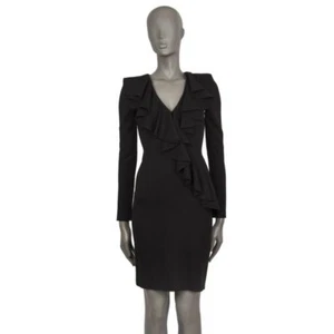 55946 auth BALMAIN black RUFFLED viscose Long Sleeve Dress 36 XS - Picture 1 of 4