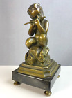 Pretty old bronze figure_Faun with flute on marble base_Art Nouveau