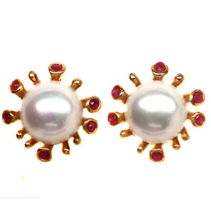 10 mm. White Pearl & Red Ruby Stud Earrings 925 Silver Sterling 18K Gold - Picture 1 of 5