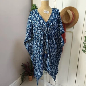 Prendas para el torso de caftán con estampado azul índigo hechas a mano indio hippie talla única 23/1 - Imagen 1 de 8