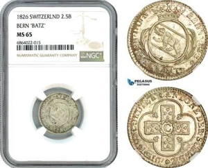 AI890, Switzerland, Bern "BATZ" 2 1/2 Batzen 1826, Silver, NGC MS65 - Picture 1 of 1
