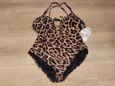 NWT Carmen Marc Valvo Swimsuit Sz 12 Brown Black Animal Print Open Tie Back - Image 1 of 4