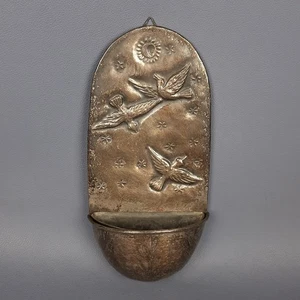 Antique Sacred Hanging Water Sanctuary In Silver Brass Embossed Doves 1950 » - Picture 1 of 12