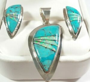 925 STERLING SILVER TURQUOISE & SYNTHETIC OPAL EARRINGS & PENDANT MATCHING SET