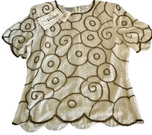Vintage Seide Perlen Top, Elfenbein & Gold Stenay Deadstock Bluse, Shirt formell L - Bild 1 von 9