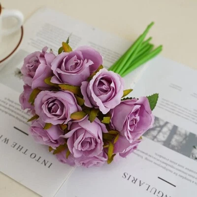 12 Head Silk Rose Floral Bridal Wedding Bouquet Home Party Decor Summer Night - Image 1 of 4