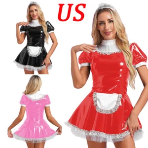 Womens Leather Dress French Maid Costumes Cosplay Lingeries Maid Apron Outfit - Picture 1 of 42