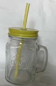 Volvic Trink Glas mit Deckel & Strohhalm, gelb - finde deinen Vulkan, Neu & OVP - Bild 1 von 5