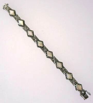复古纯银 Marcasite & Mother of Pearl 手镯 7 英寸长 — 第 1/4 张图片