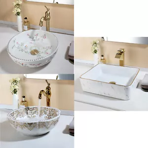 White&Gold Bathroom Vessel Sink Ceramic Basin Mixer Deck Mounted Brass Drain Tap - Bild 1 von 47