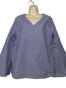 For the Republic Blue White Check Gingham Bell Sleeve V-neck Top Blouse Sz L - Picture 1 of 7