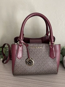 Michael Kors Kimberly Merlot Trim Logo Satchel Crossbody Handbag Brown - Picture 1 of 9