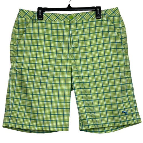 Puma GOLF TECH Uomo 38 Pantaloncini da Golf Dry Cell Flat Front Verde Blu Plaid 11"