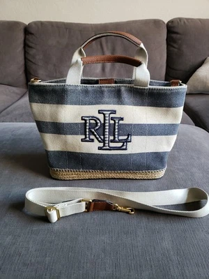 Ralph Lauren Striped Canvas Espadrille Tote Bag Handbag Purse Crossbody Shoulder - Image 1 of 4