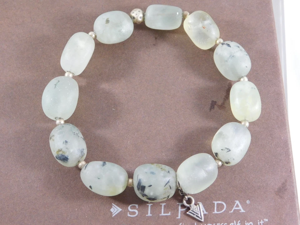 Pulsera elástica SILPADA B1798 con cuentas de prehnita verde plata de ley Foto 1 de 4