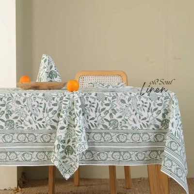 Floral Boho Block Printed Cotton Tablecloth Kitchen Dining Room Table Cover - Image 1 of 4