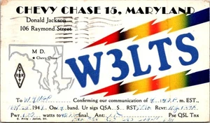 HAM RADIO CQ QSL CARDS STAMPED W3LTS CHEVY CHASE MARYLAND USA 1949 COLORFUL - Picture 1 of 2