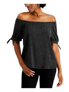 STYLE & COMPANY Womens Black Textured Tie Short Sleeve Off Shoulder Party Top S - Picture 1 of 3