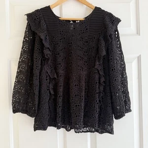 Anthropologie Eyelet Ruffled Sheer Black Top Long Sleeves Size 12 Prairie Boho - Picture 1 of 8