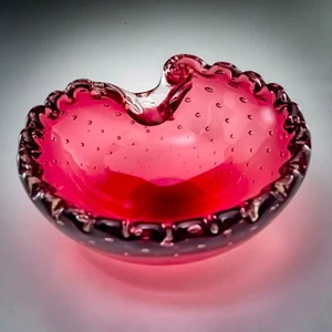 Vintage Cranberry Controlled Bubble Bowl Murano Style Art Glass Crimped Rim - Picture 1 of 12