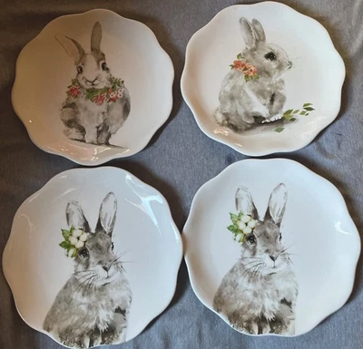 Pier 1 Imports BUNNY PALS 8.5" Scalloped Plates Rabbit Flower *2 Identical - Image 1 of 3