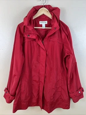 Orvis Women's XL Red Wind breaker Raincoat Hooded Snap Button Zip Outdoors Trail - Image 1 of 4