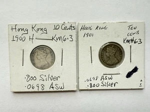 1900 & 1901 Hong Kong Victoria 10 Cent Coins- .800 Silver .0698 ASW - Picture 1 of 2