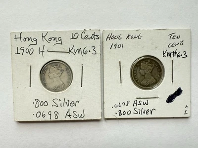 1900 & 1901 Hong Kong Victoria 10 Cent Coins- .800 Silver .0698 ASW - Image 1 of 2