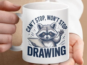Funny Artist Gift, Can't Stop Drawing, Raccoon Drawing 11oz Mug, Cute Animal Mug - Picture 1 of 9