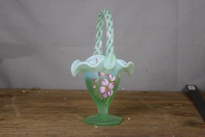 Fenton Art Glass Basket Green Satin Opalescent Hand Painted Floral USA Signed - Picture 1 of 9