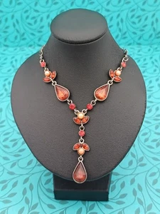 Stunning Elegant Modern Silver Tone, Imitation Pearl & Red Gem Y Drop Necklace - Picture 1 of 16