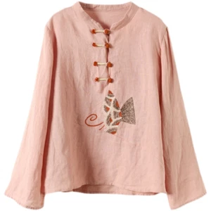 Retro Ethnic Women Embroidery T-shirts Casual Tops Blouse Chinese Cotton Linen - Picture 1 of 19