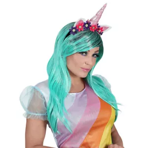 TÜRKISE EINHORN PERÜCKE HAARREIF Karneval Unicorn Ohren Horn Damen Kostüm 46942 - Bild 1 von 4
