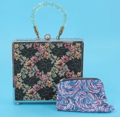 Bolso de mano de colección para mujer años 50 60 tapiz negro y caja de metal tono plateado mango Lucite Foto 1 de 4