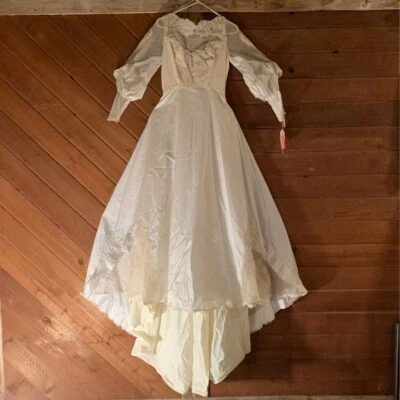 Renaissance Wedding Gown Ivory Taffeta Floral Seed Pearls Lace Train 12 - Image 1 of 4