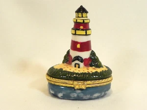 Miniature Lighthouse Porcelain Hinged Trinket Box, Red & White Striped, Maine? - Picture 1 of 9