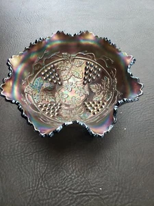 Carnival Glass Footed Ruffled Bowl - Grape and Cable 8" Amethyst - Picture 1 of 5