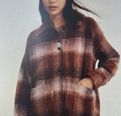 MADEWELL Brushed Plaid Knit Shirt Jacket Pink Brown Shacket Coat Size M $168 - Image 1 of 4