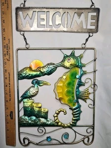 Welcome Stained Glass Metal Door Hanger Seahorse Pelican Sunset Ocean - Picture 1 of 12