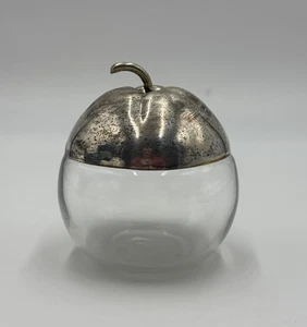 Tarro de condimentos de mermelada de vidrio con forma de manzana plateado sin cuchara Inglaterra - Imagen 1 de 5