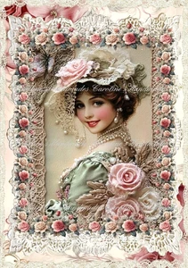 Gorgeous Victorian Lady Lace & Roses Cotton Fabric Quilt Block Multi-sizes - Picture 1 of 1