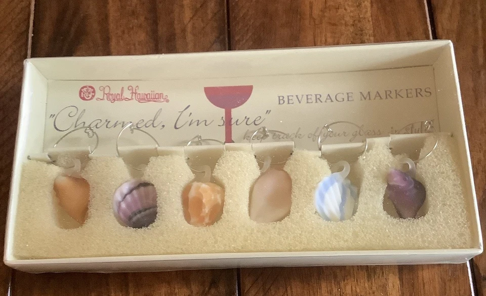 NIB 6 Royal Hawaiian Glass - Wine Glass Shell Charms Beverage Markers - Image 1 of 1