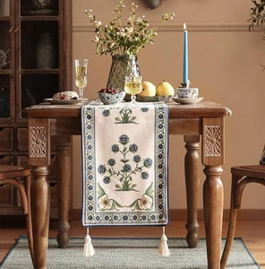 Runner da tavolo in lino blu elegante nappe fantasia floreale 12 in x 118" - Foto 1 di 3