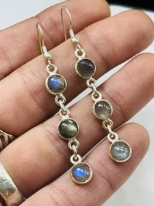 Silver earrings with labradorite,never worn-55 mm long(with hooks)/new old stock - Picture 1 of 3