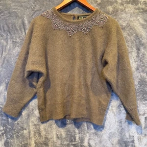 Vintage DB Moreno Angora Blend Sweater Super Soft Brown Lace Bead Details M/L? - Picture 1 of 9